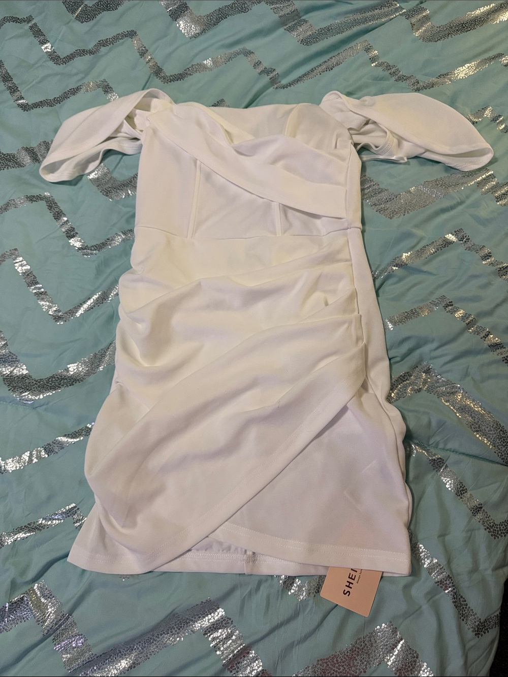SHEIN White Off-Shoulder Ruched Mini Dress
